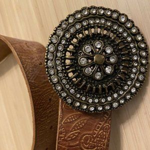 FOSSIL Genuine Leather Belt Brown Floral Rhinestones Buckle Womens Medium